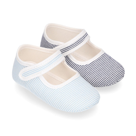 Cotton canvas little Mary Janes with stripes print design.