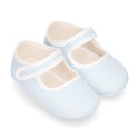 Cotton canvas little Mary Janes with stripes print design.