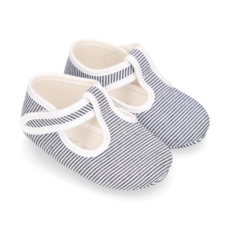 Cotton canvas T-strap shoes for babies with stripes print design.