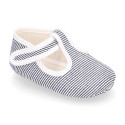 Cotton canvas T-strap shoes for babies with stripes print design.