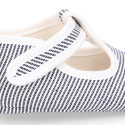 Cotton canvas T-strap shoes for babies with stripes print design.