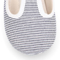 Cotton canvas T-strap shoes for babies with stripes print design.