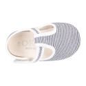 Cotton canvas T-strap shoes for babies with stripes print design.