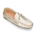 Metal finish nappa leather moccasin shoes with bows for large sizes.