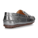 Metal finish nappa leather moccasin shoes with bows for large sizes.