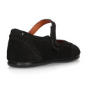 Suede leather Girl Mary Jane shoes with hook and loop strap closure and chopped design.