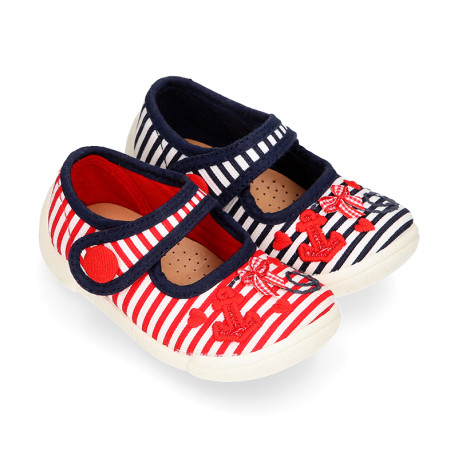 Cotton canvas little Mary Janes with nautical design.