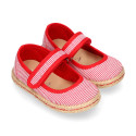 Cotton canvas little Mary Jane shoes with hook and loop strap and stripes print.