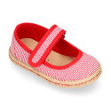 Cotton canvas little Mary Jane shoes with hook and loop strap and stripes print.