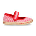Cotton canvas little Mary Jane shoes with hook and loop strap and stripes print.