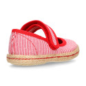 Cotton canvas little Mary Jane shoes with hook and loop strap and stripes print.