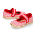 Cotton canvas little Mary Jane shoes with hook and loop strap and stripes print.