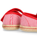 Cotton canvas little Mary Jane shoes with hook and loop strap and stripes print.