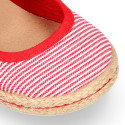 Cotton canvas little Mary Jane shoes with hook and loop strap and stripes print.