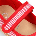 Cotton canvas little Mary Jane shoes with hook and loop strap and stripes print.