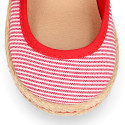 Cotton canvas little Mary Jane shoes with hook and loop strap and stripes print.