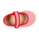 Cotton canvas little Mary Jane shoes with hook and loop strap and stripes print.