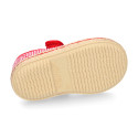 Cotton canvas little Mary Jane shoes with hook and loop strap and stripes print.