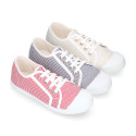 Cotton stripes Bamba type shoes with toe cap.