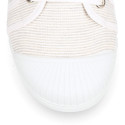 Cotton stripes Bamba type shoes with toe cap.