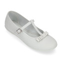 Cotton canvas T-strap little Mary Jane shoes with bow.