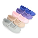 Cotton canvas T-strap little Mary Jane shoes with bow.