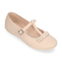 Cotton canvas T-strap little Mary Jane shoes with bow.