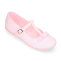 Cotton canvas T-strap little Mary Jane shoes with bow.