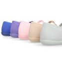 Cotton canvas T-strap little Mary Jane shoes with bow.