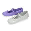 Cotton canvas T-strap little Mary Jane shoes with bow.