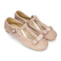 T-strap little Mary Jane shoes with bow in Soft suede leather.