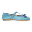 T-strap little Mary Jane shoes with bow in Soft suede leather.