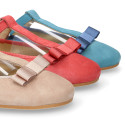 T-strap little Mary Jane shoes with bow in Soft suede leather.
