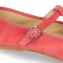 T-strap little Mary Jane shoes with bow in Soft suede leather.