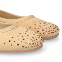 Suede leather Mary Janes with strass design in spring colors.