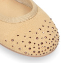 Suede leather Mary Janes with strass design in spring colors.