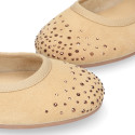 Suede leather Mary Janes with strass design in spring colors.