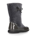 Combined boots in shiny velvet canvas with patent finish.
