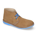 Suede safari boots with contrast stitching, laces and Outsole.