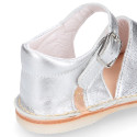 Metal finish leather Menorquina sandals for babies.