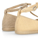 T-strap linen canvas Little Mary Janes with ribbon.