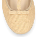 T-strap linen canvas Little Mary Janes with ribbon.
