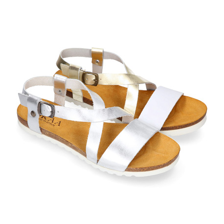 Metal leather sandal shoes for toddler girls with white soles.