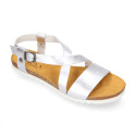 Metal leather sandal shoes for toddler girls with white soles.