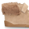 BLANDITOS kids bootie with elastic laces in suede leather with fake hair neck design.