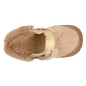 BLANDITOS kids bootie with elastic laces in suede leather with fake hair neck design.