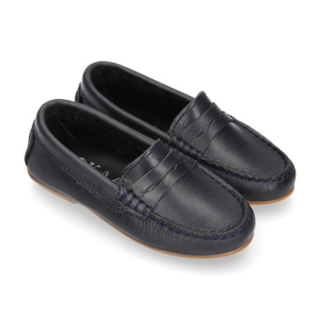 Classic navy blue leather kids loafer shoes with detail mask.