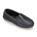 Classic navy blue leather kids loafer shoes with detail mask.