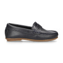 Classic navy blue leather kids loafer shoes with detail mask.