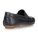 Classic navy blue leather kids loafer shoes with detail mask.